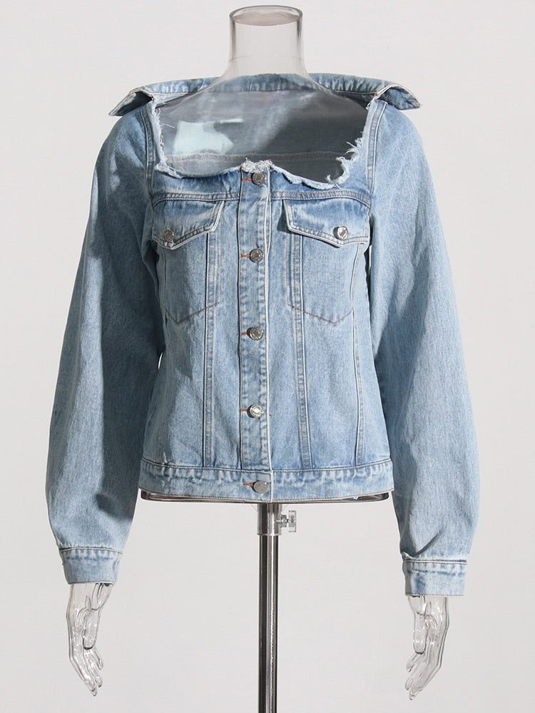 Distressed Style Denim Jacket With Cut outs | Zalia Atelier