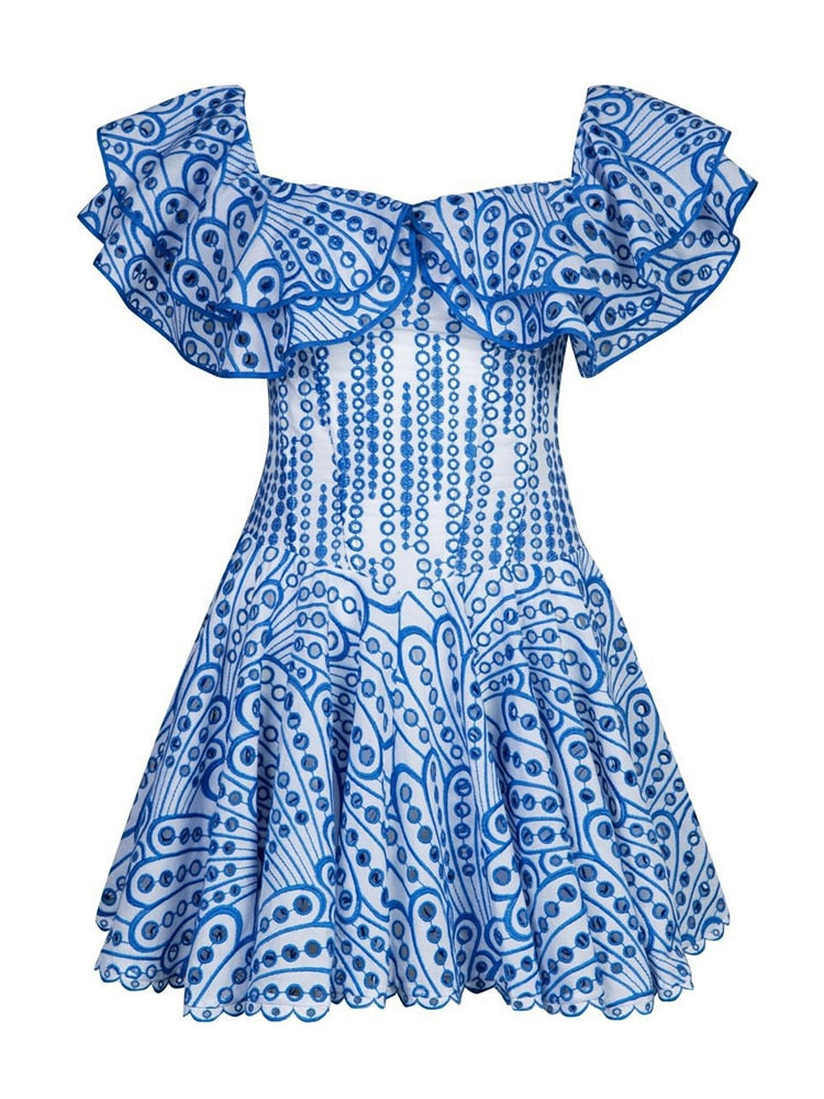 Embroidery Mini Dress | White Bodice with Blue Eyelets | Ruffled Neckline and Shoulders | Ruffled Hemline | Designer Inspired | Charo Ruiz Dupe Lookalike