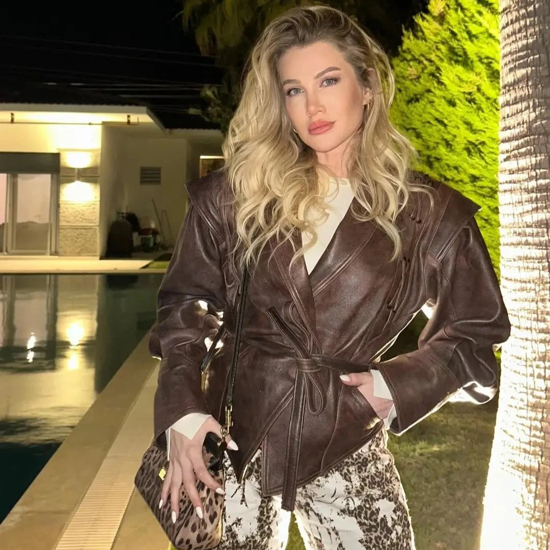 Faux Leather Belted Jacket | Brown