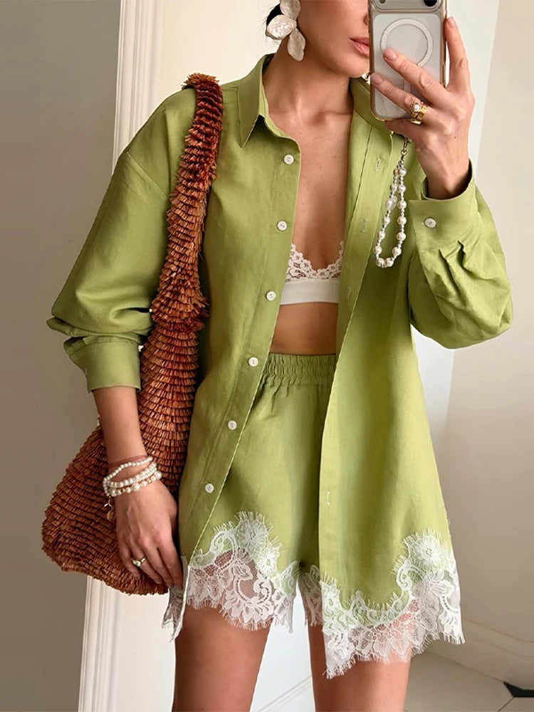 Beach Shirt and Shorts Set Green with Lace Trim | Zalia Atelier