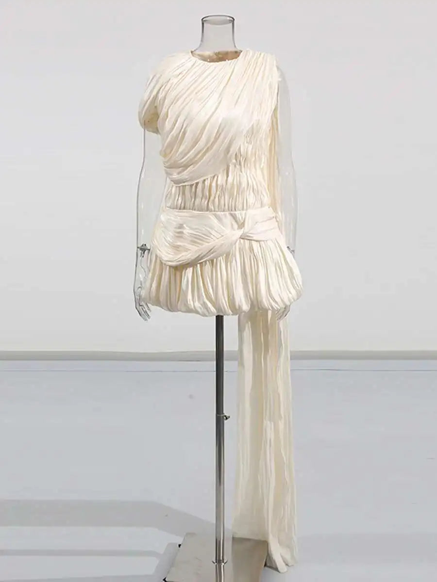 Zalia Atelier | Beige Draped Mini Dress with Train 
