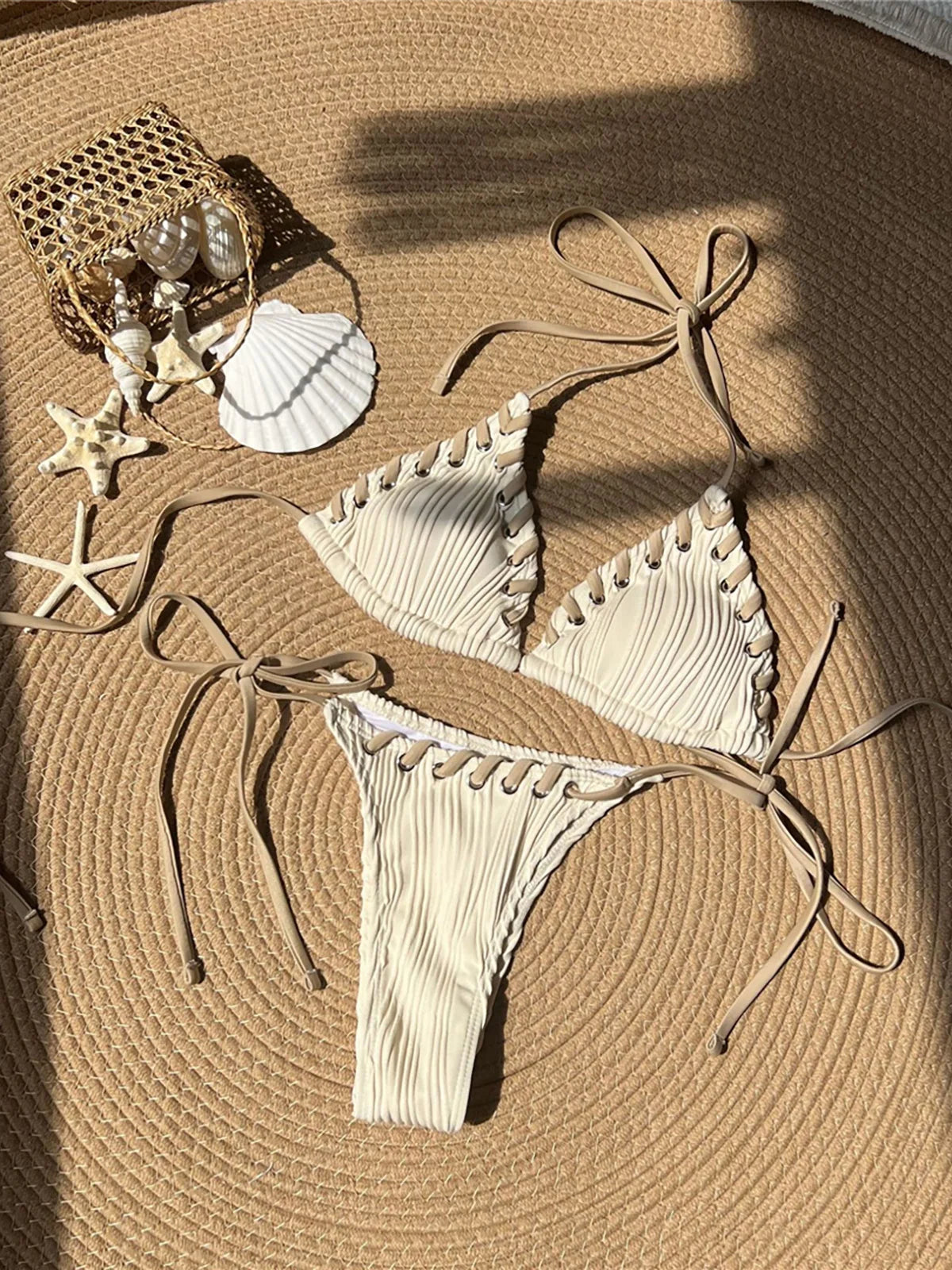 Zalia Atelier | Beige Halter Ribbed Bikini