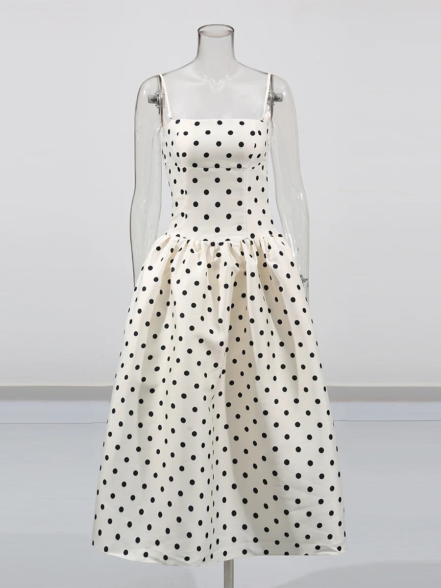 princess polly baby blue dress Beige Polka Dot Square Neck Sleeveless High Waist Midi Dress Beige / M