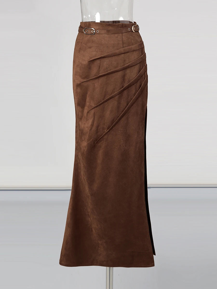 Zalia Atelier | Belted Brown Maxi Skirt
