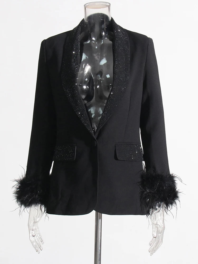 Zalia Atelier | Black Blazer with Feather Trim Cuffs