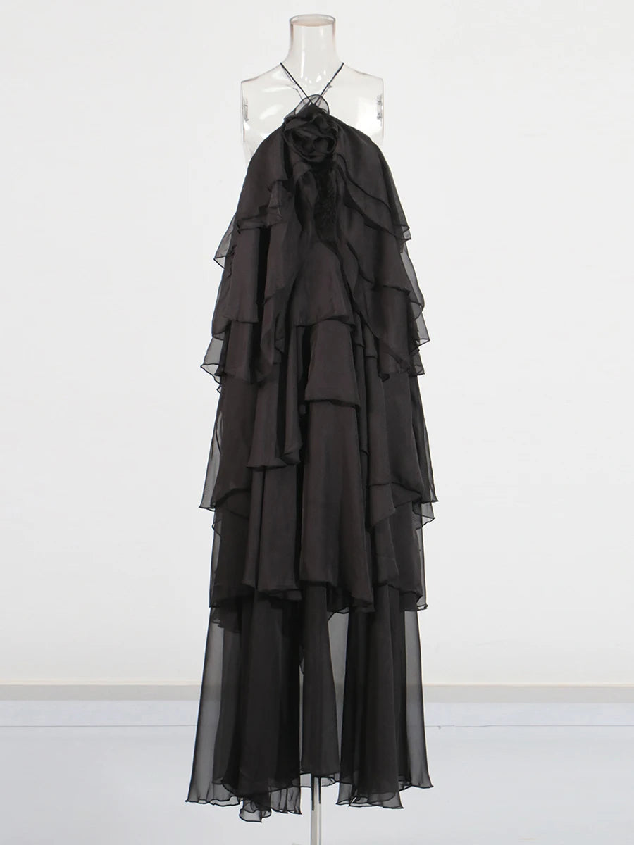 Zalia Atelier | Black Cascading Ruffle Maxi Dress Halter Neck