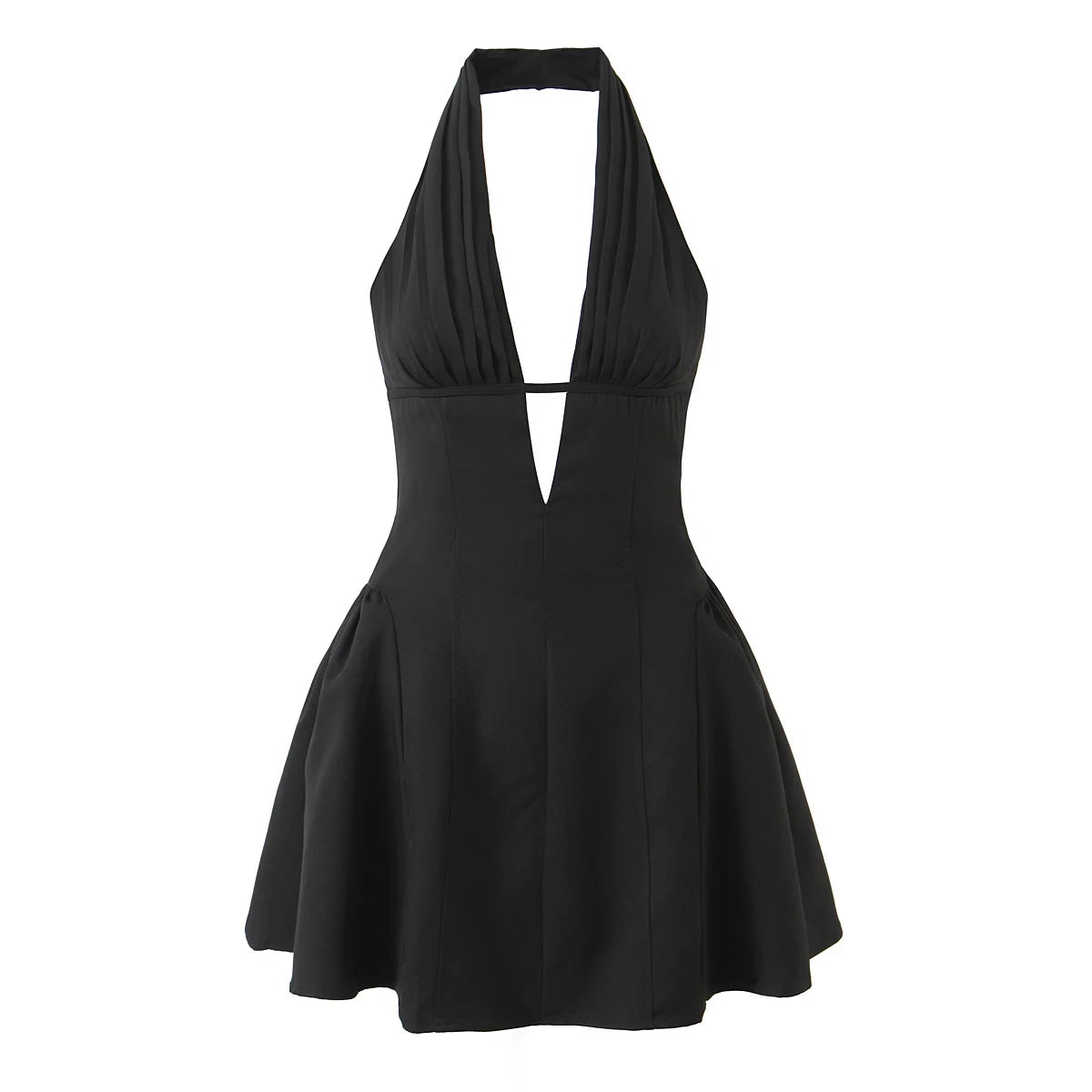 Zalia Atelier - Black Deep V Halter Mini Dress 