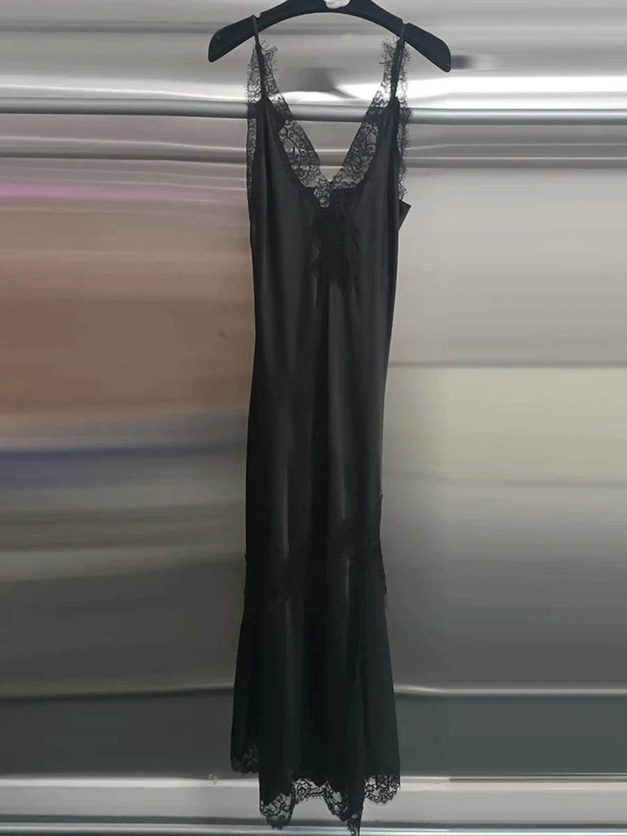 Lace Trim Maxi Dress ALL Black / XL Lace Trim Maxi Dress ALL Black / XL
