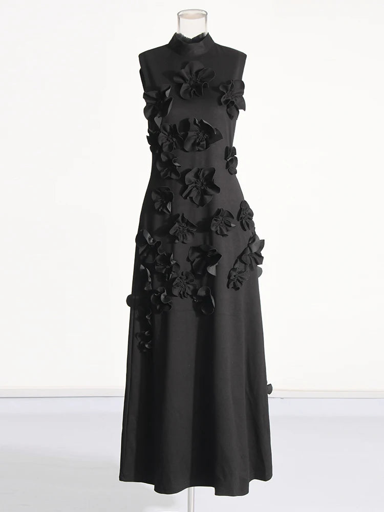 Zalia Atelier | Black Flower Applique Dress
