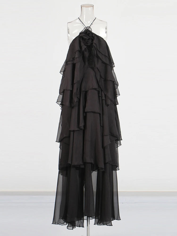 Black Halter Neck Cascading Ruffle Maxi Dress | Zalia Atelier