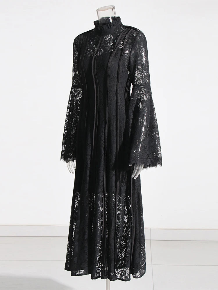 Zalia Atelier | Black Lace Midi Dress Flare Long Sleeves