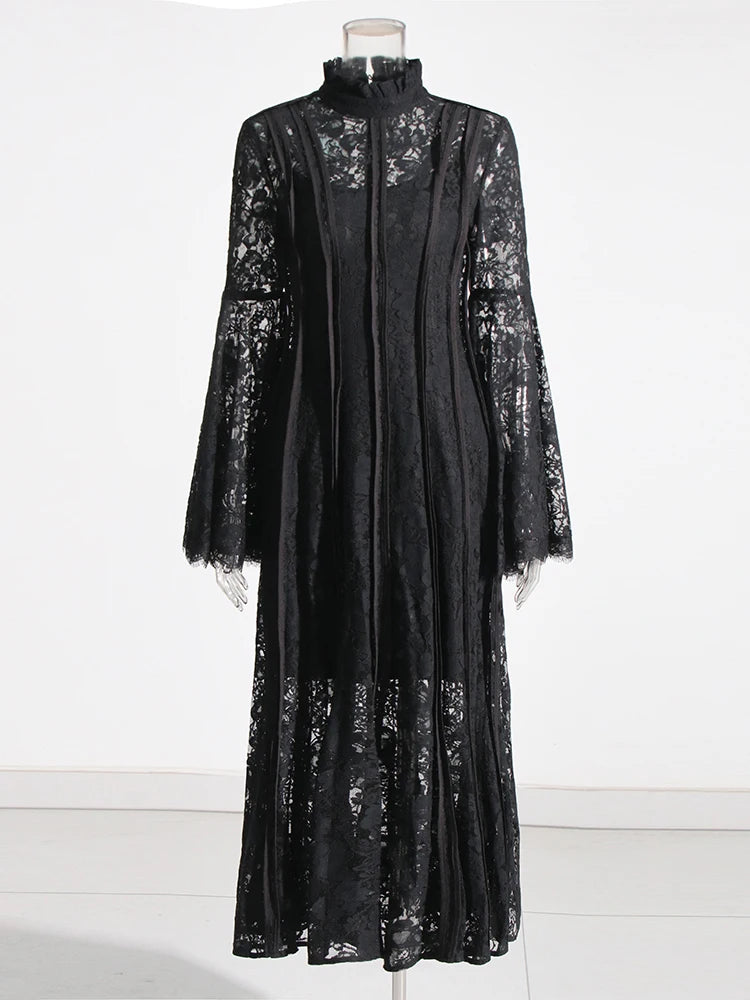 Zalia Atelier | Black Lace Midi Dress Flare Sleeves