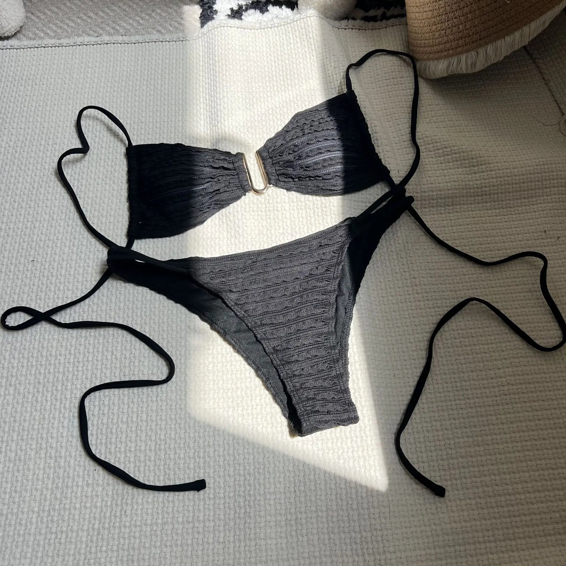 Zalia Atelier | Black Ribbed Design Swimsuit