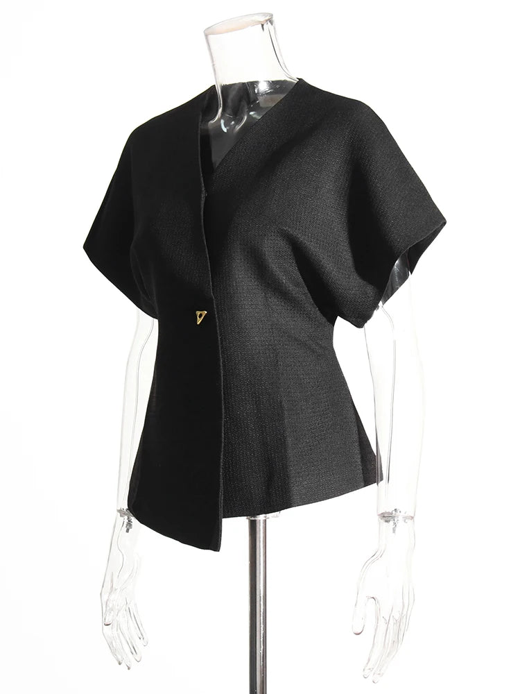 Zalia Atelier | Black Wide Short Sleeve Blouse Button Applique