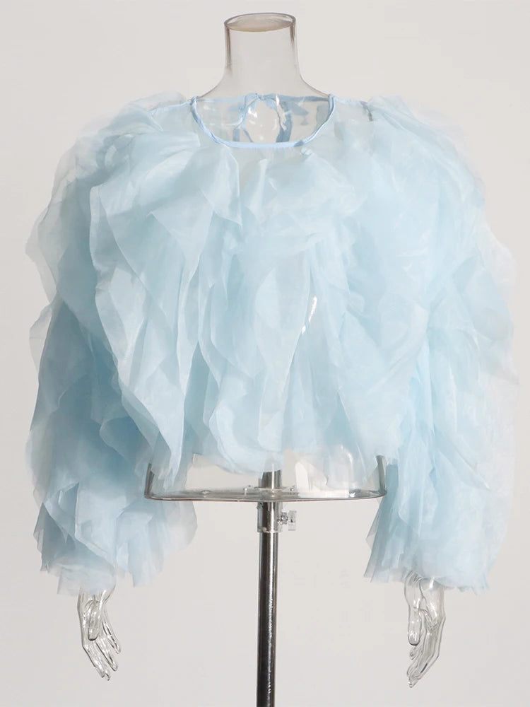 Zalia Atelier | Blue Chiffon Ruffles Blouse | Designer Chloe Inspired