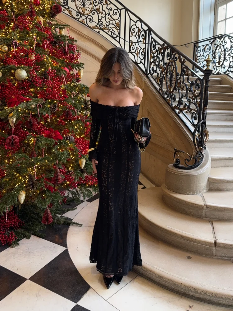 Sarisse Off Shoulder Lace Maxi Dress Off Shoulder Long Sleeve Bodycon Evening Dress & Wedding Guest Gown, Black / XS/UK-6 Sarisse Off Shoulder Lace Maxi Dress Off Shoulder Long Sleeve Bodycon Evening Dress & Wedding Guest Gown, Black / XS/UK-6