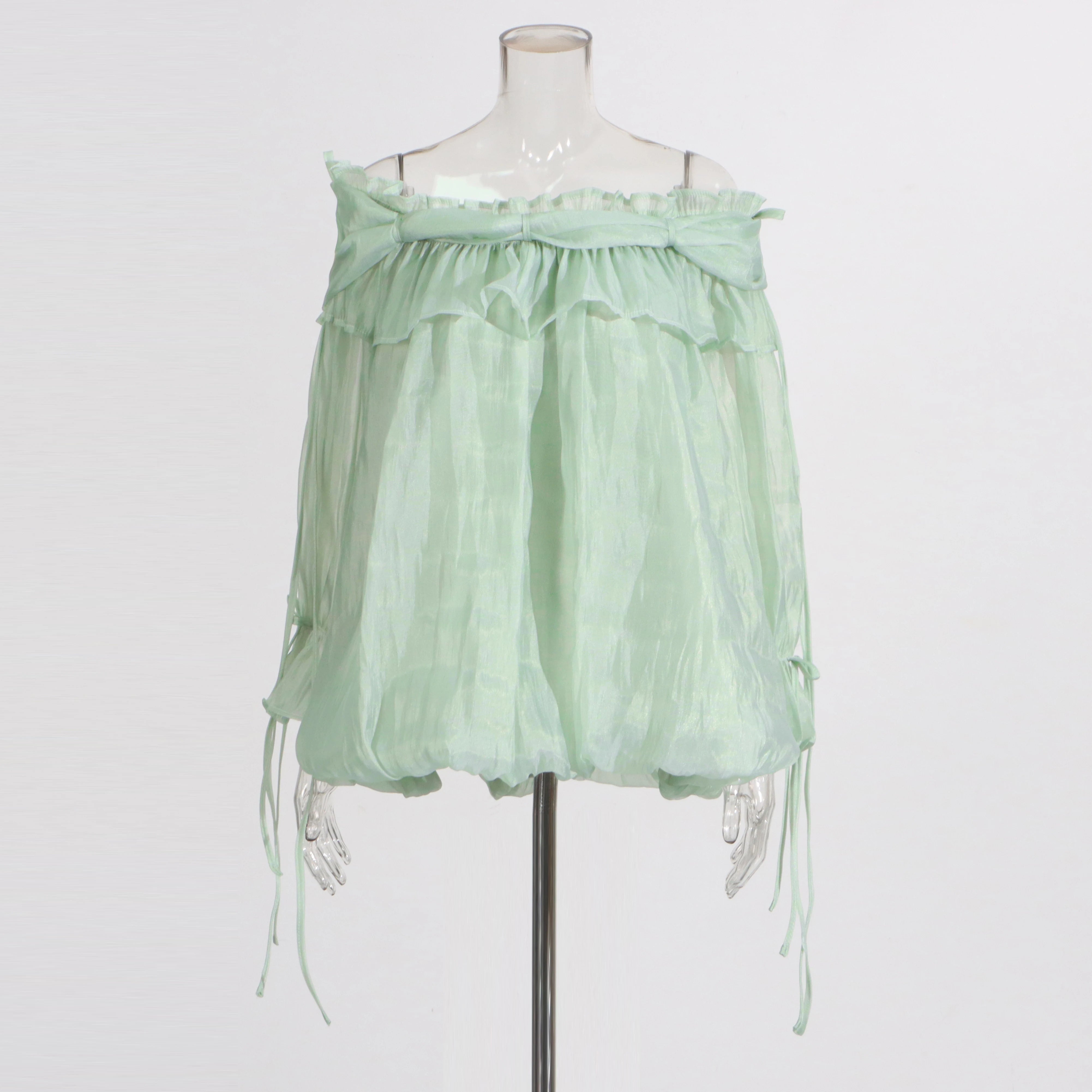 Zalia Atelier | Boho Chiffon Blouse | Light Green Boho Chic Blouson 