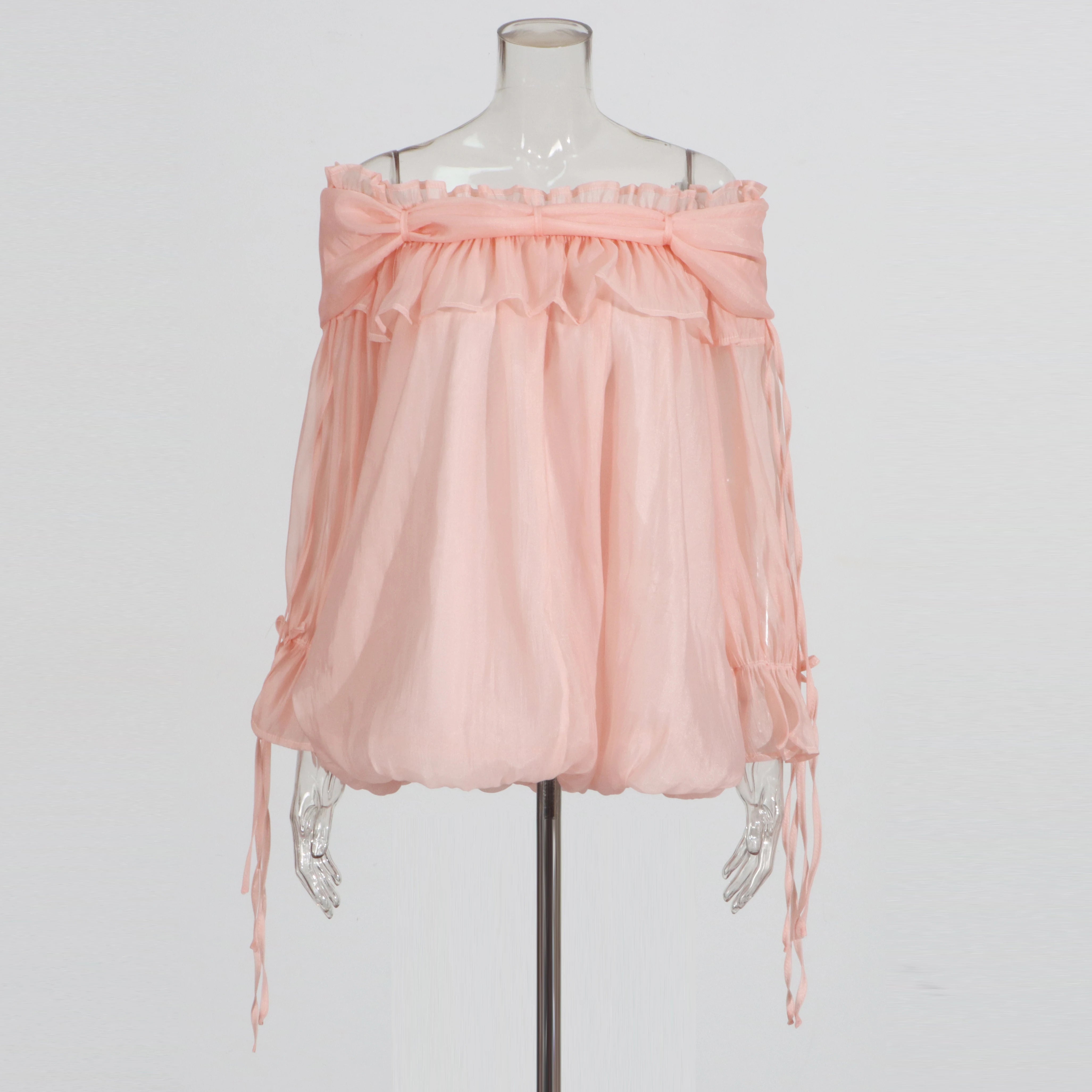 Zalia Atelier | Boho Chiffon Blouse | Soft Pink Color Blouson Style Top | Boho Chic
