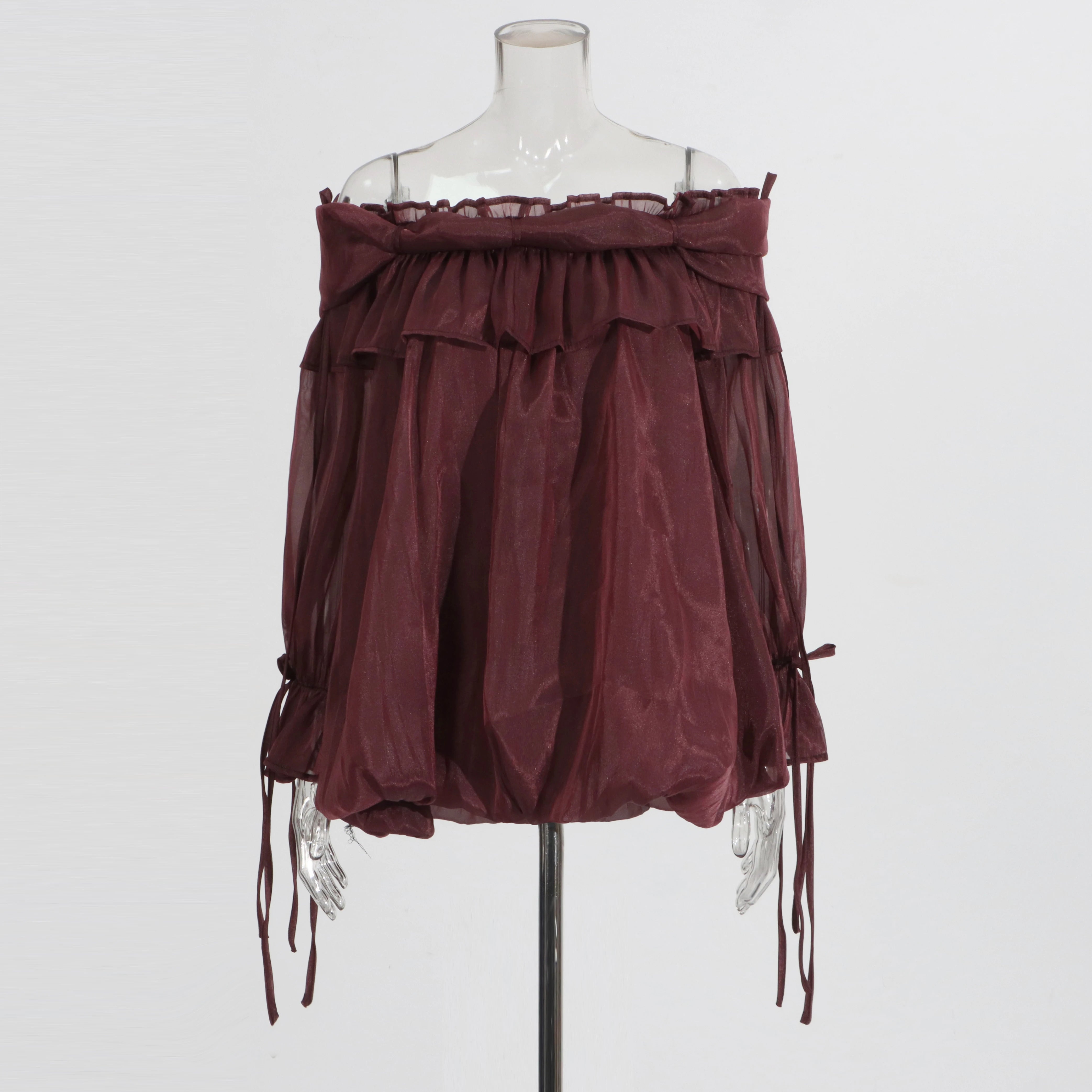 Zalia Atelier | Boho Chiffon Blouse | Wine Red Color Blouson Style Top | Boho Chic