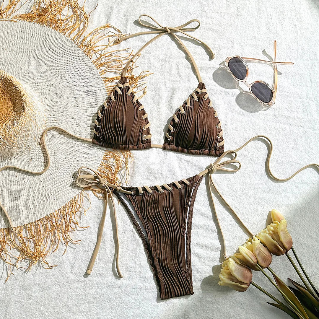 Zalia Atelier | Bronze Halter Ribbed Bikini