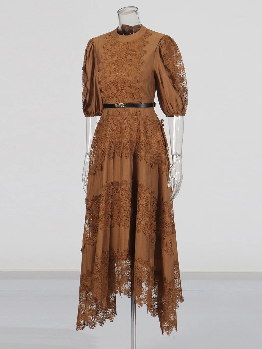 Zalia Atelier | Brown Embroidered Lace Dress with Belt
