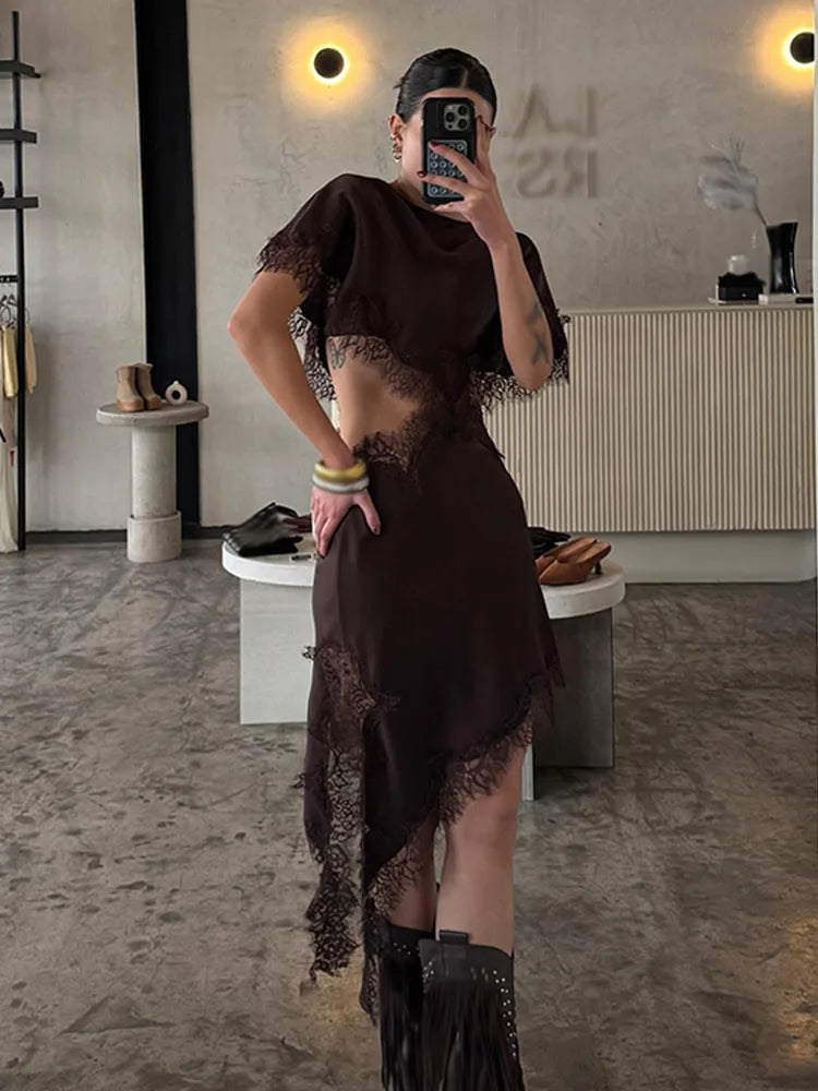Brown Lace Trim Dress Asymmetrical