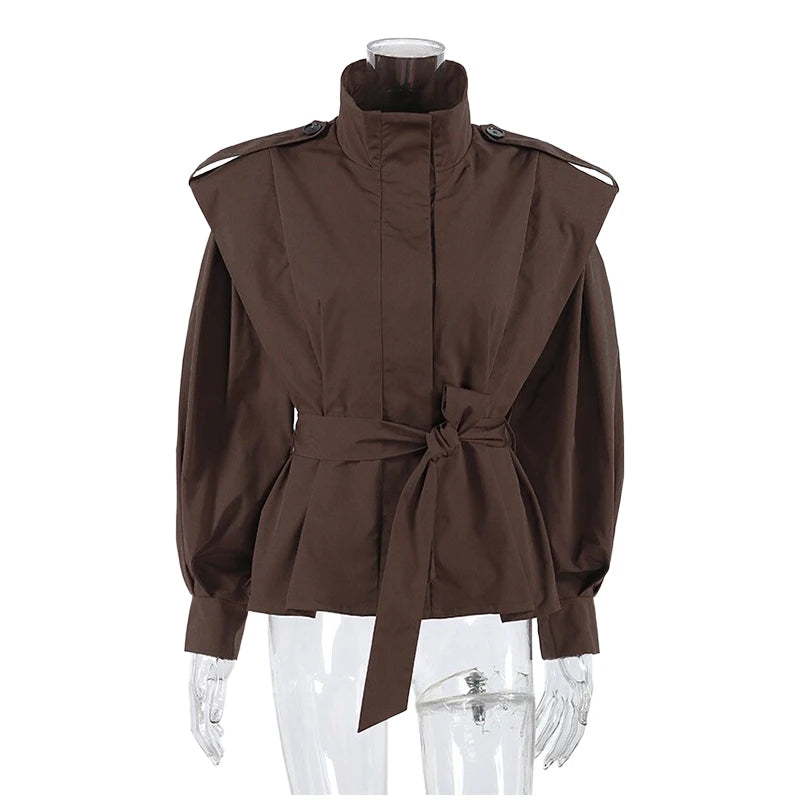 Brown Milky White Stand Collar Belted Jacket