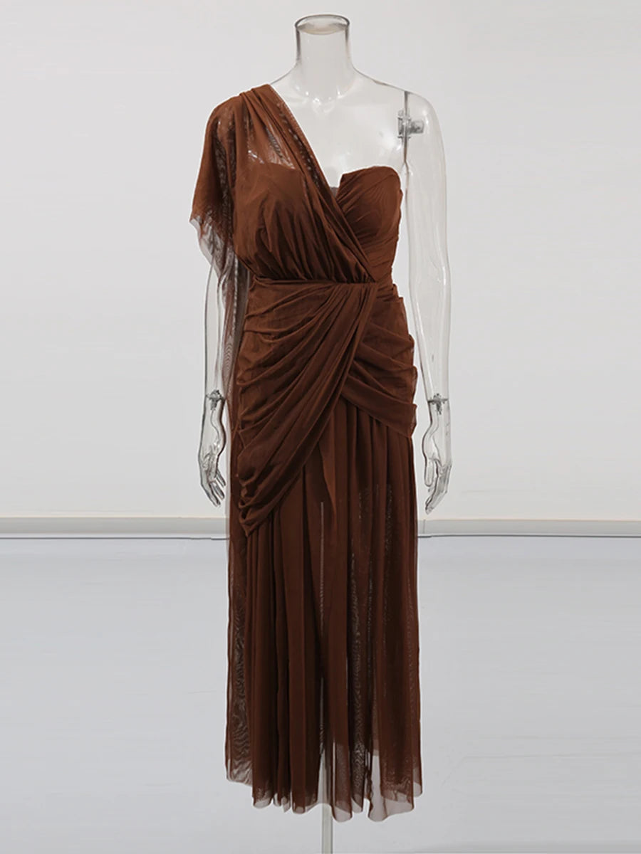 Zalia Atelier | Brown Party Dress Strapless with Diagonal Mesh Covering