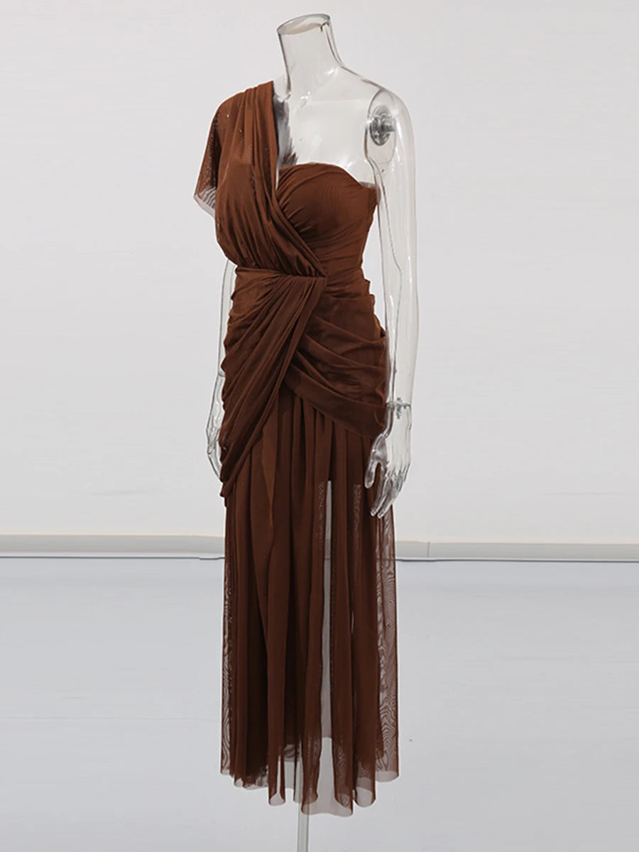 Brown Party Dress | Zalia Atelier | Mesh Draping