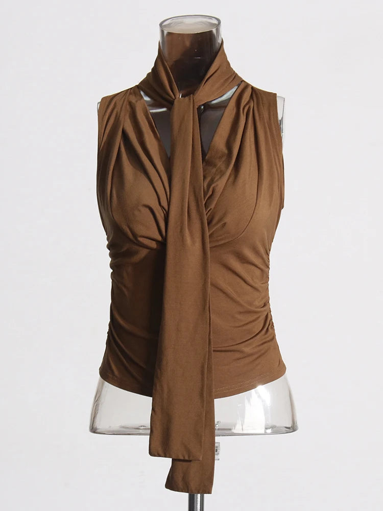 Zalia Atelier | Brown Scarf Collar Top