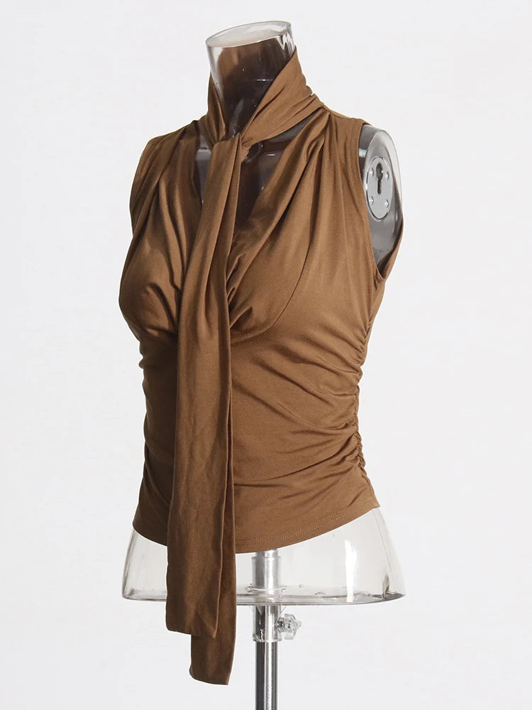 Zalia Atelier | Brown Scarf Collar Top | Side