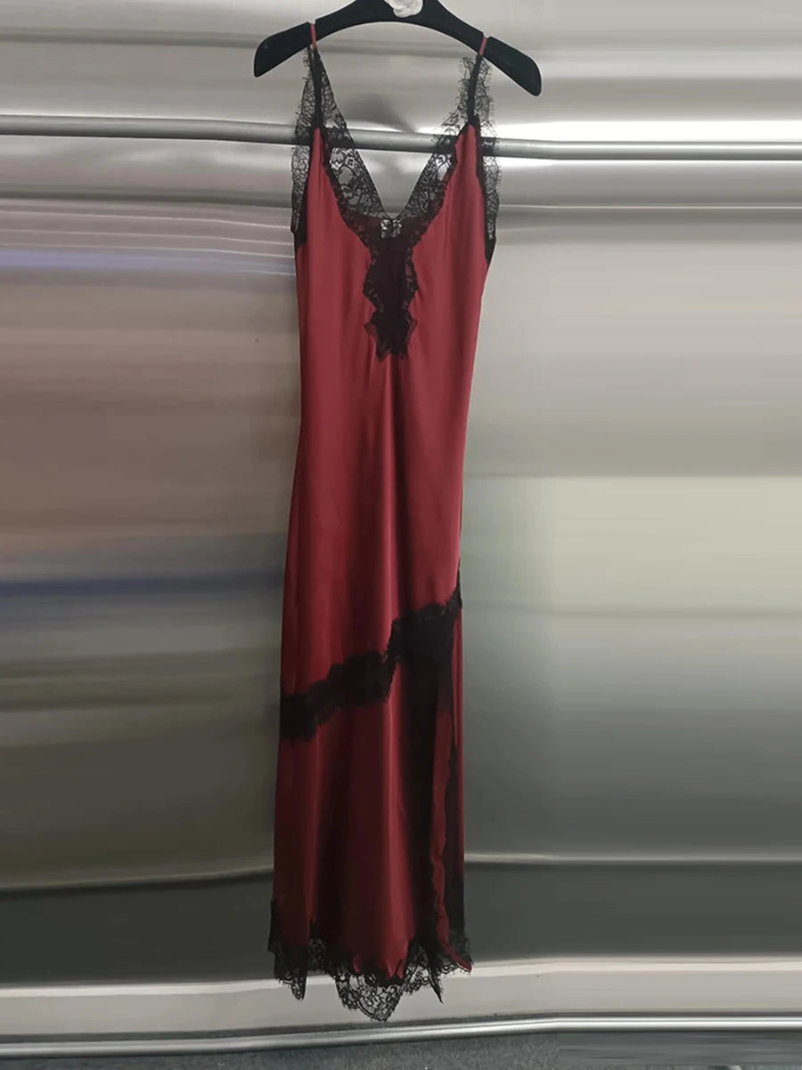 Lace Trim Maxi Dress WINE RED / L Lace Trim Maxi Dress WINE RED / L