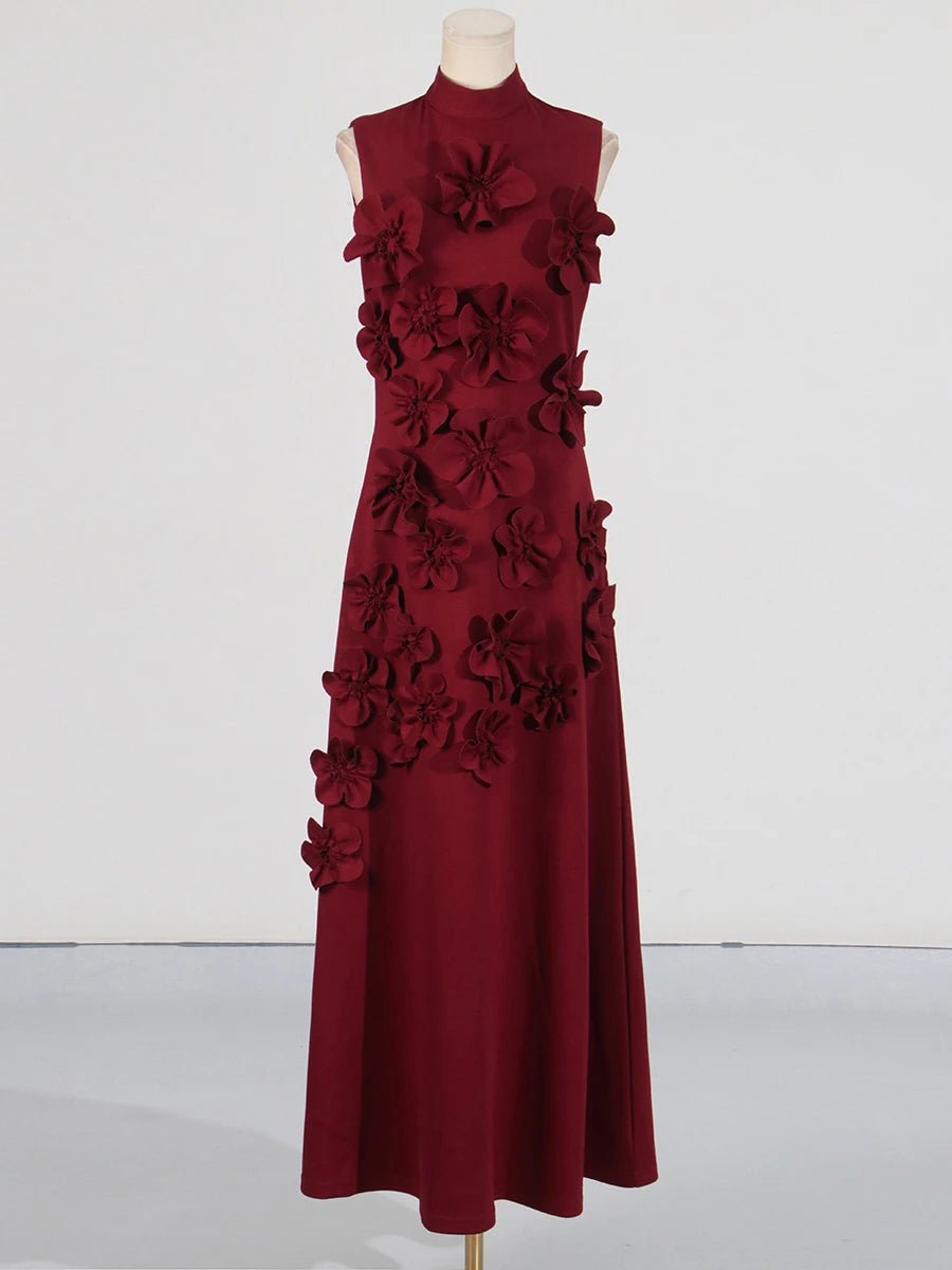 Zalia Atelier | Burgundy Flower Applique Dress