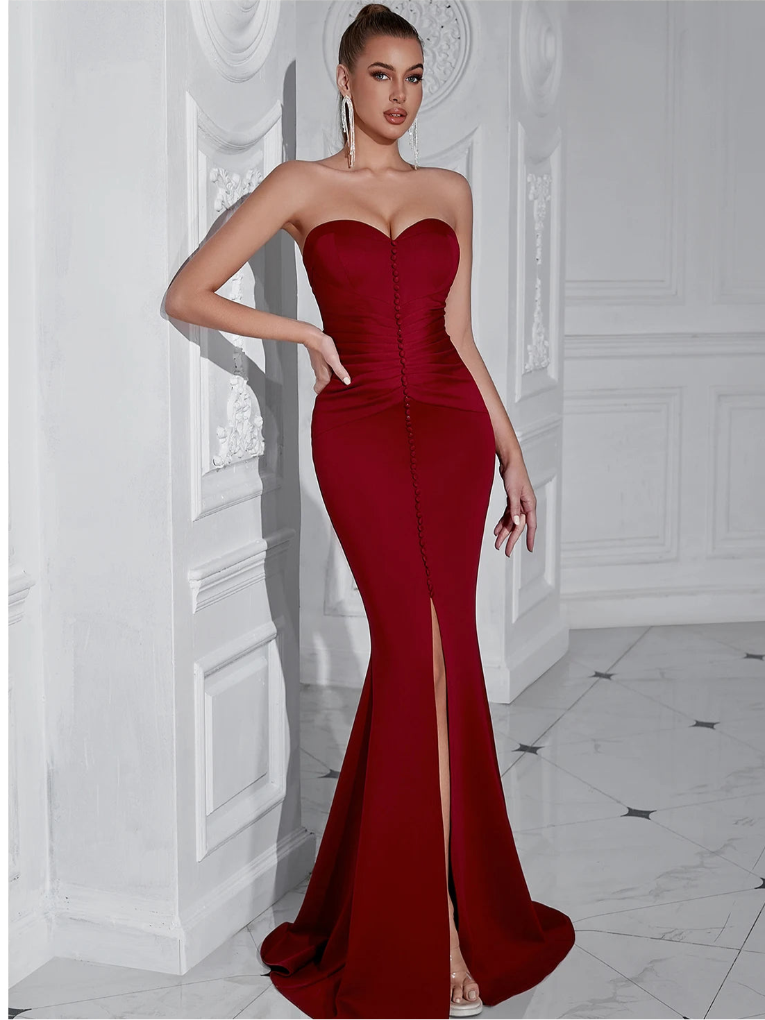 Zalia Atelier | Burgundy Strapless Cocktail Gown
