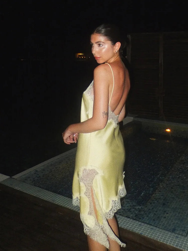 Butter Yellow Asymmetrical Lace Trim Mini Dress