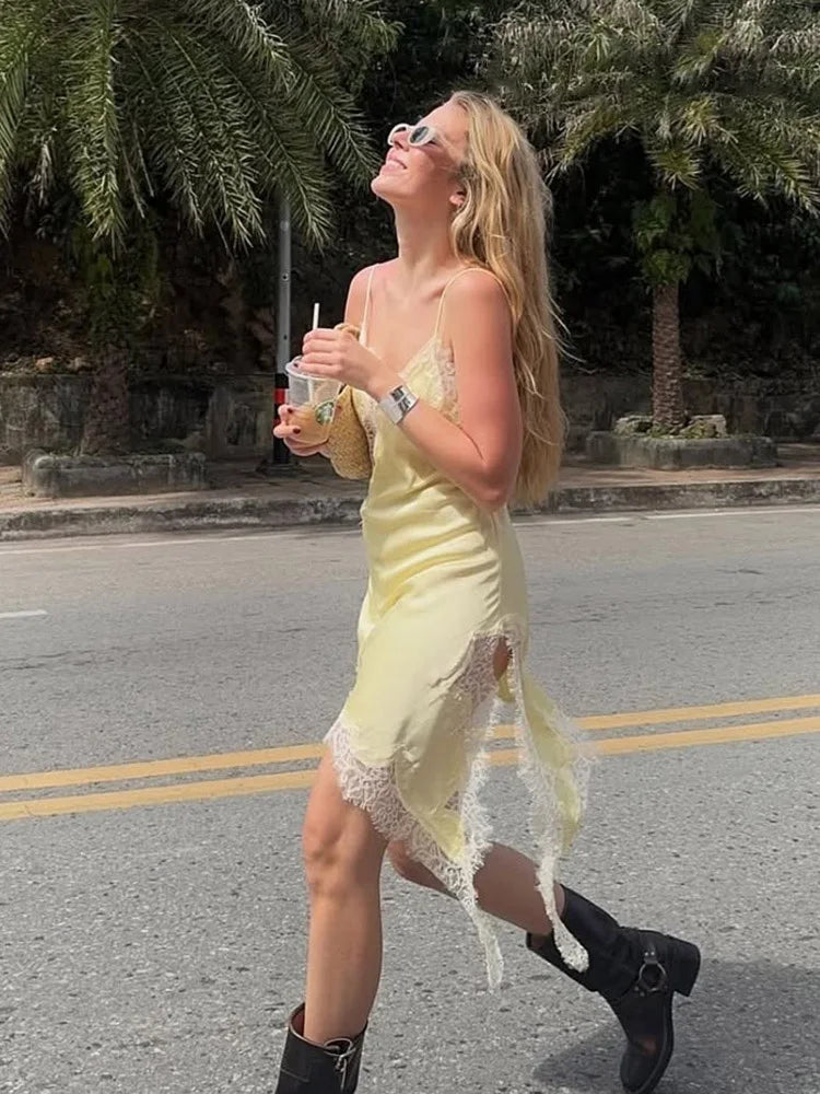 Butter Yellow Asymmetrical Lace Trim Mini Dress Biker Boots