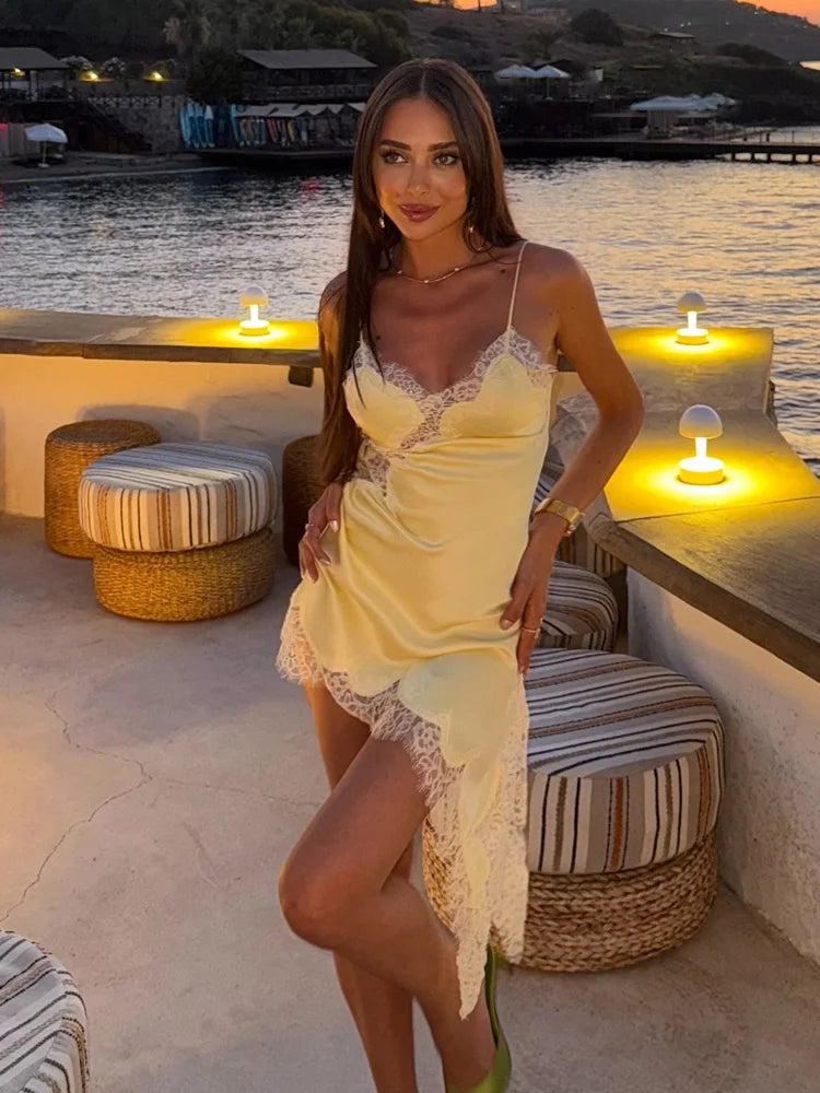 Butter Yellow Asymmetrical Lace Trim Mini Dress Evening