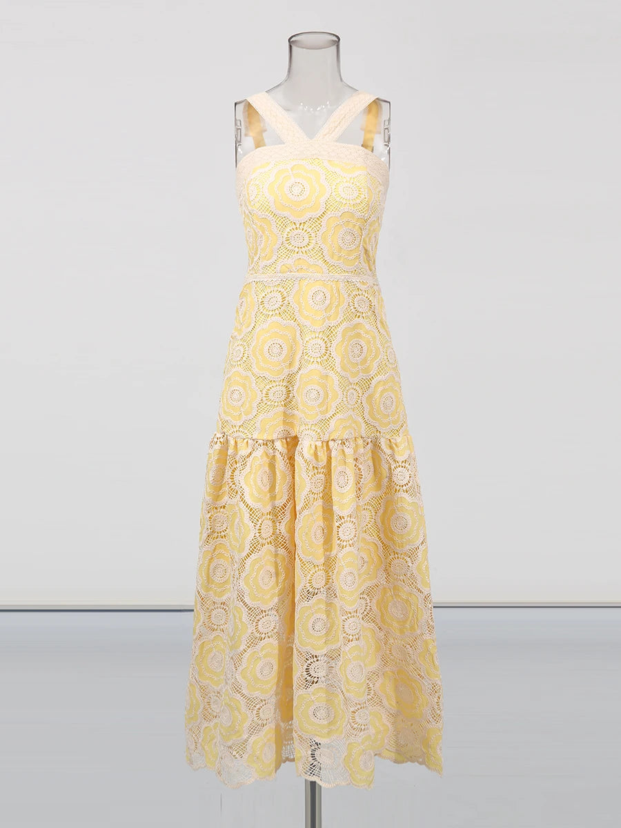 Zalia Atelier | Yellow Embroidered Lace Midi Dress