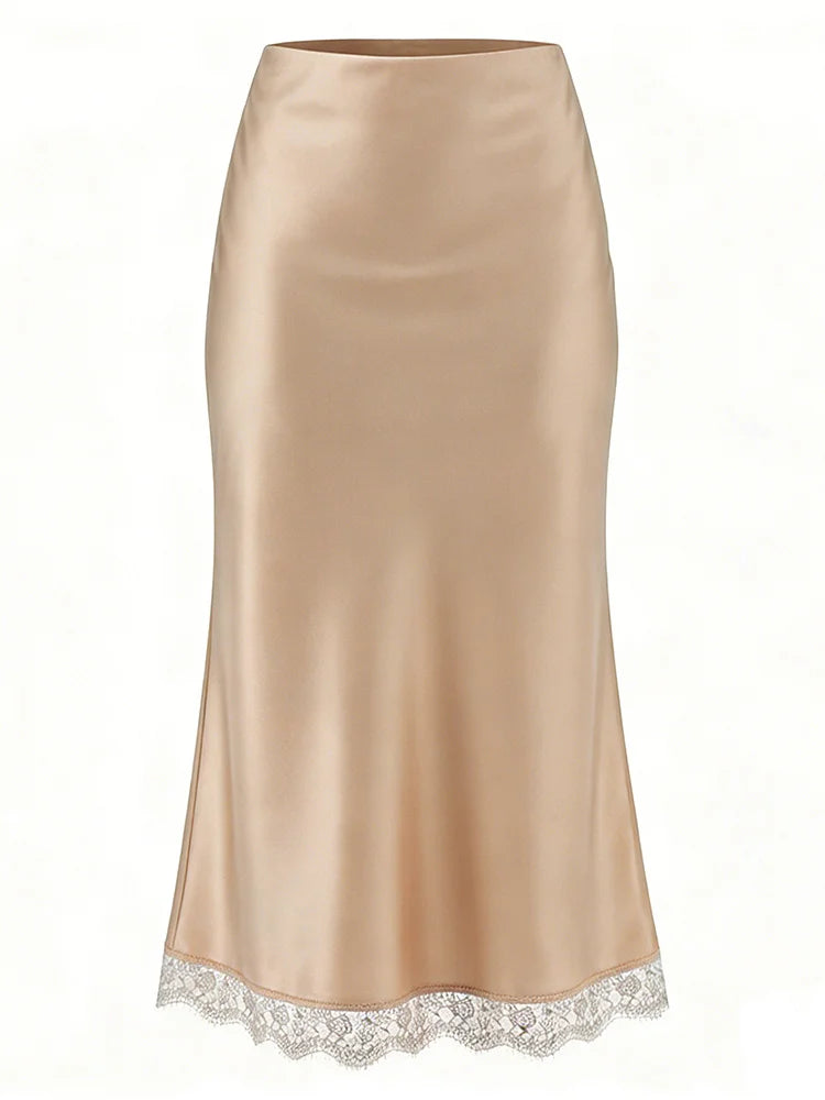 Zalia Atelier - Champagne Satin and Lace Midi Skirt