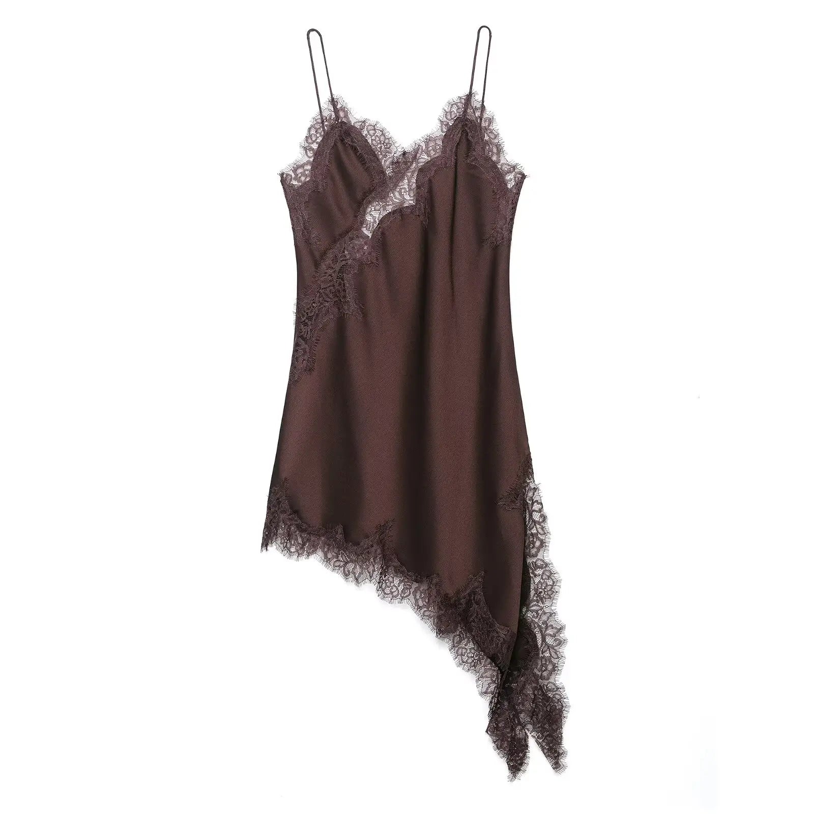 Chocolate Brown Lace Trim Asymmetrical Mini Dress