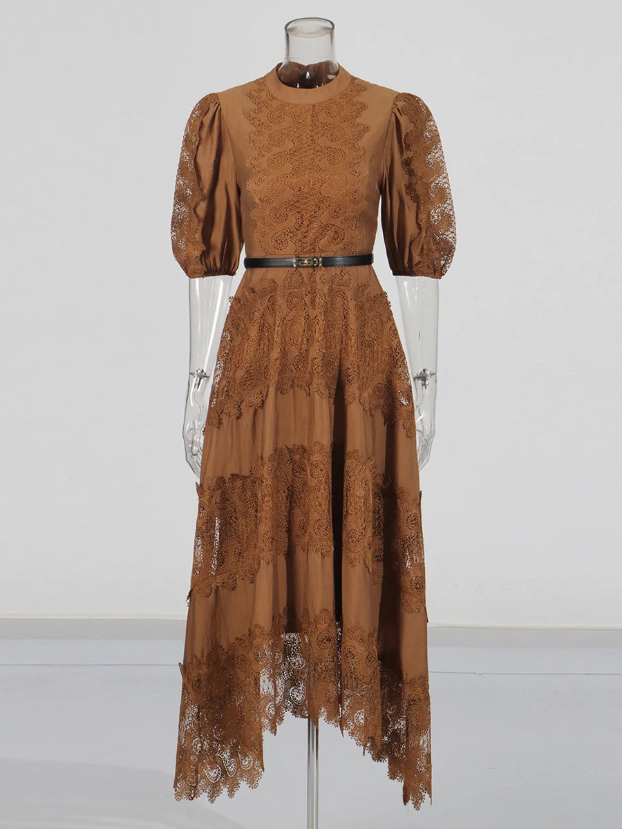 Zalia Atelier | Coffee Brown Embroidered Lace Dress