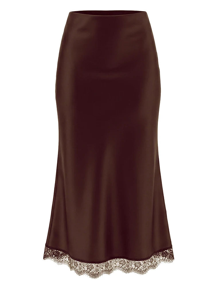Zalia Atelier - Coffee Brown Satin and Lace Midi Skirt