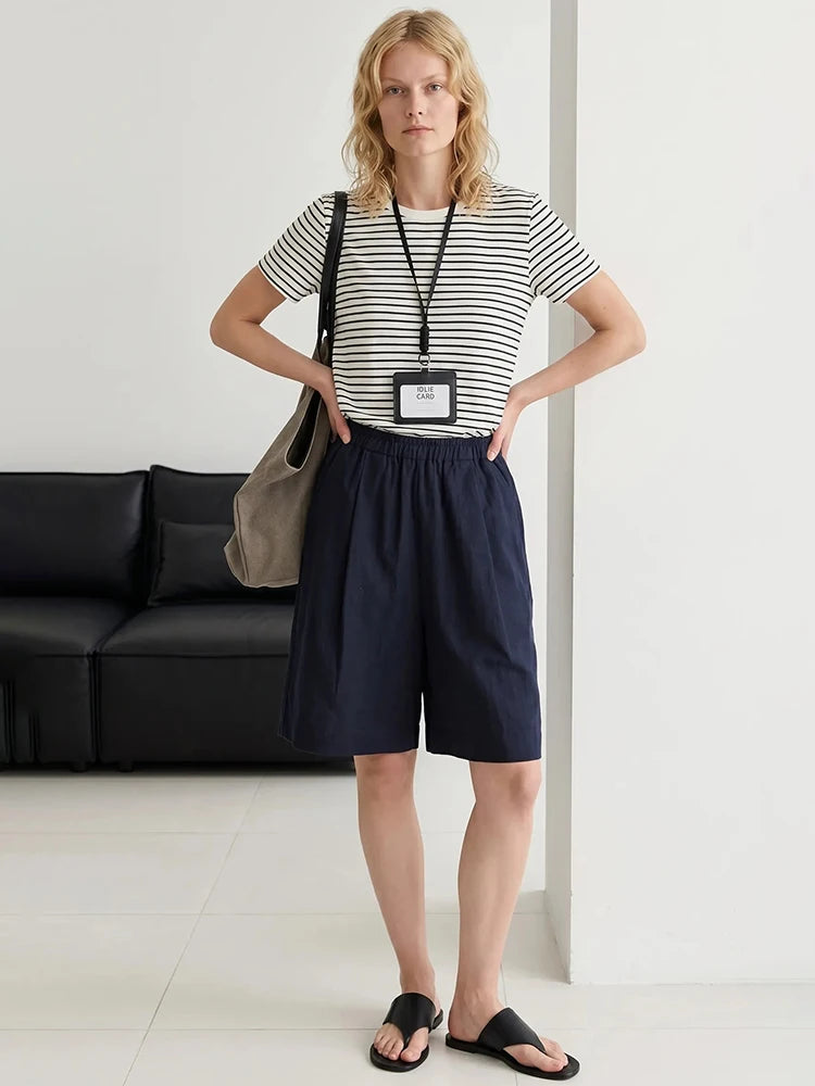 Zalia Atelier - Cotton Bermuda Shorts Navy Blue
