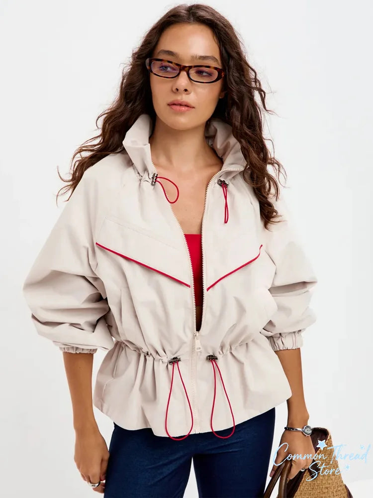Cream Windbreaker Jacket with Red Drawstring Contrast