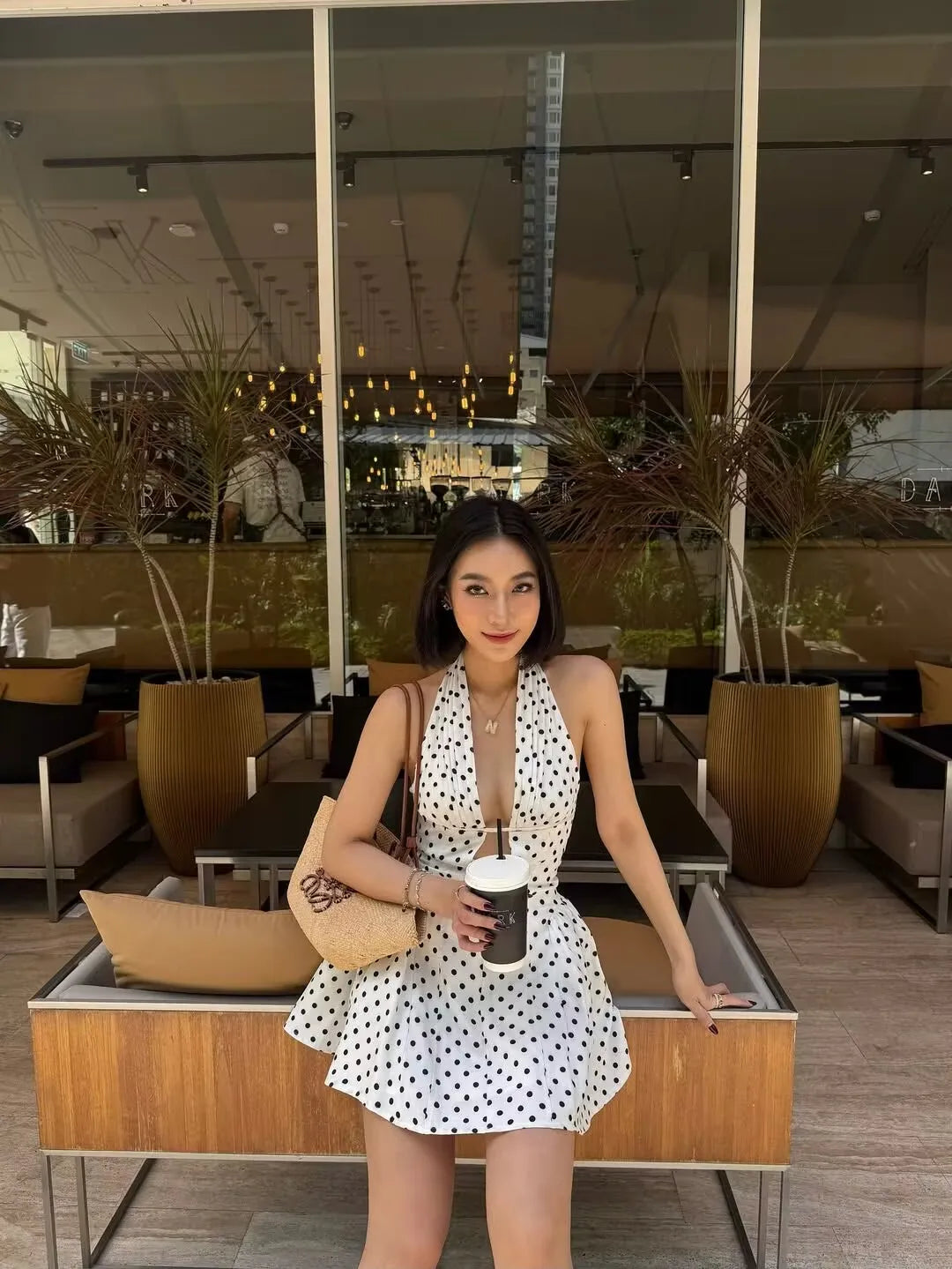 Polka Dot Sexy Deep V Halter Mini Dress 