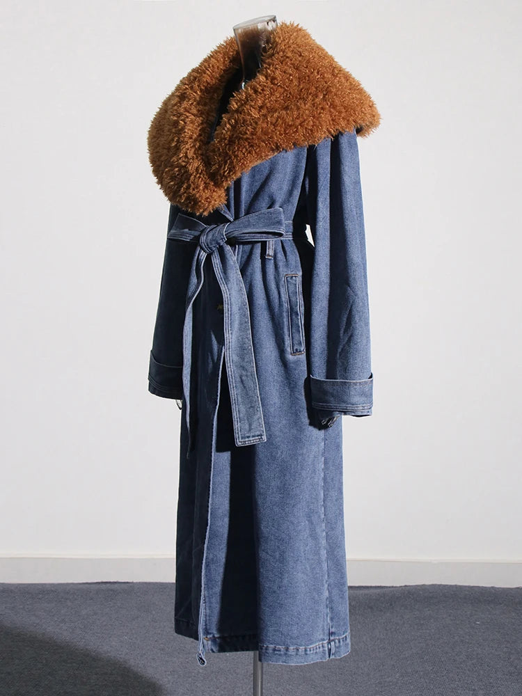 Zalia Atelier | Denim and Faux Fur Trench Coat