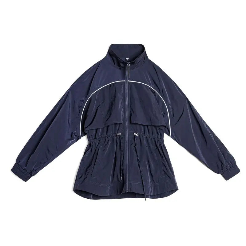 Navy Blue Windbreaker Jacket - Drawstring Waist
