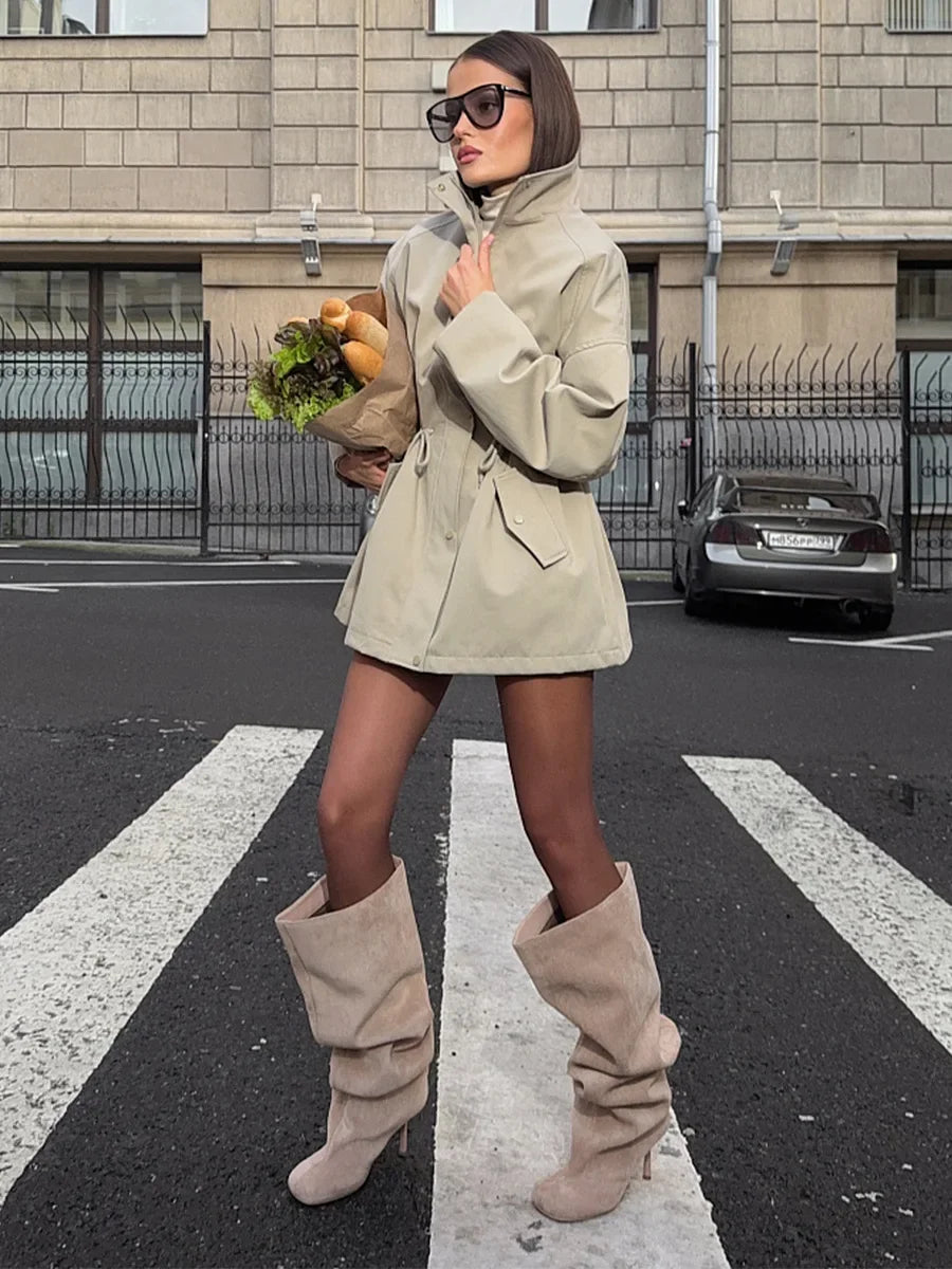Stand Collar Drawstring Waist Trench Jacket