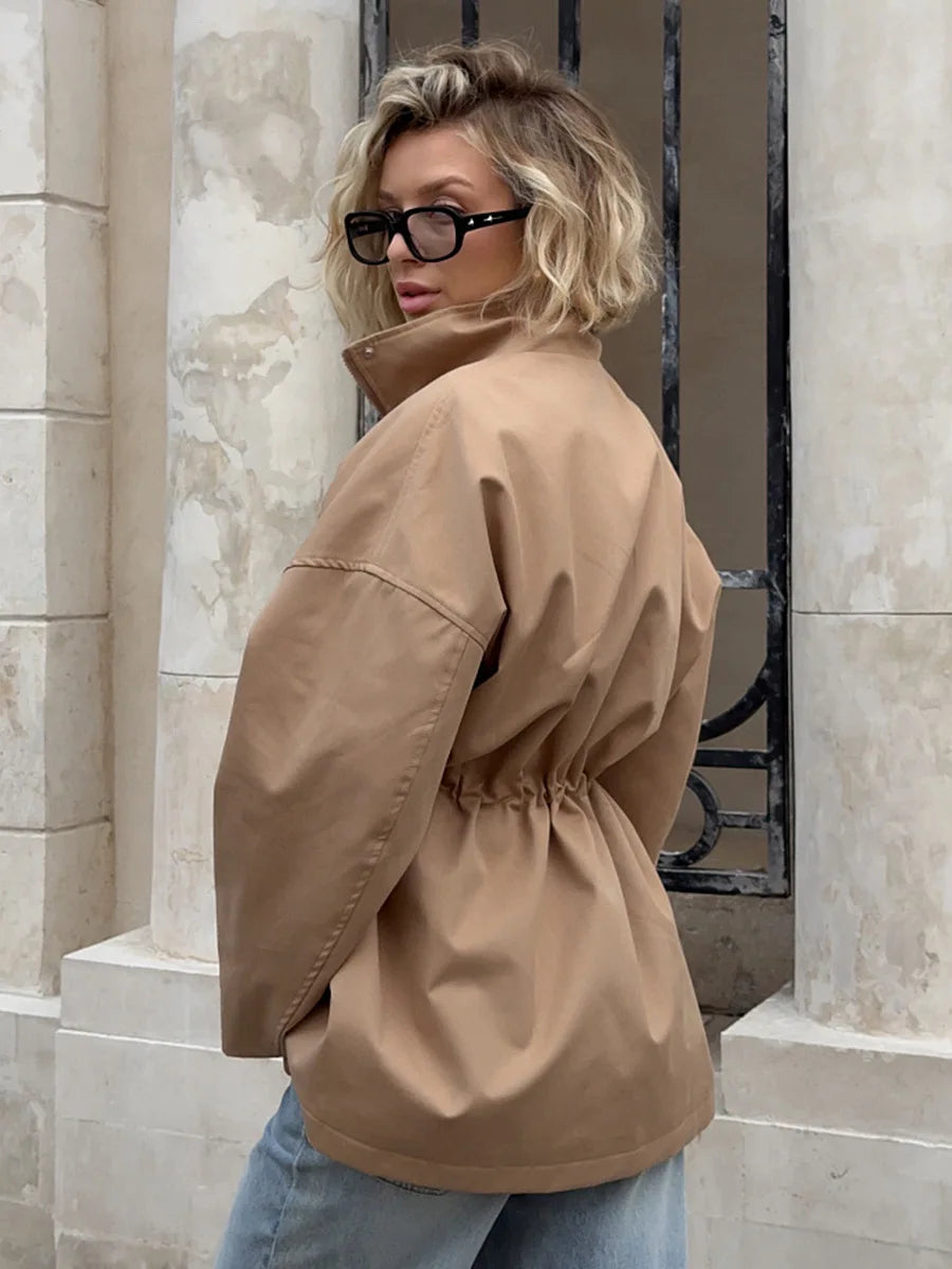 Drawstring Waist Trench Jacket _ Khaki