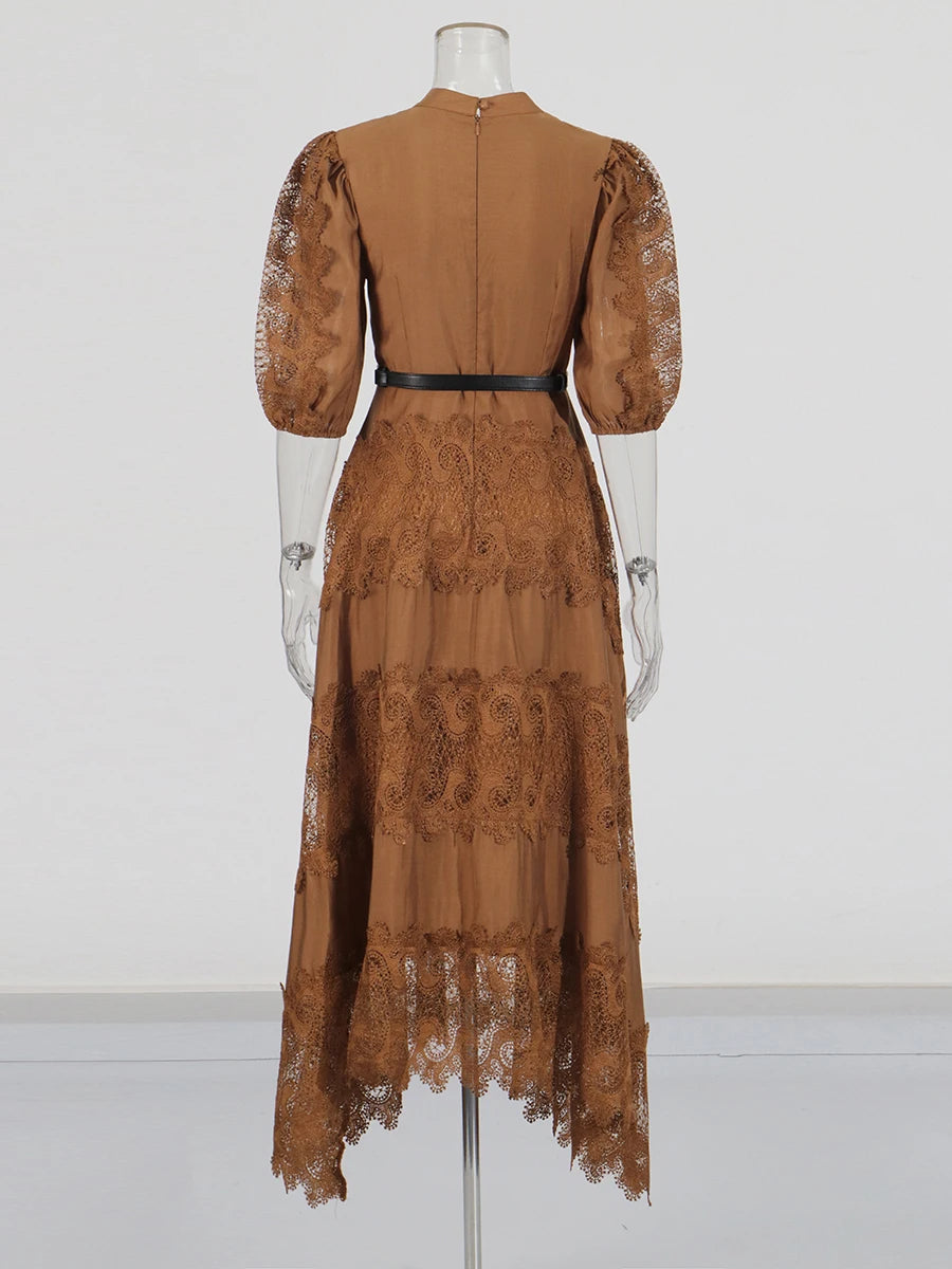Zalia Atelier | Brown Embroidered Lace Dress with Belt